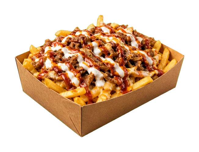 Hot snack pack with meat, chips and sauce